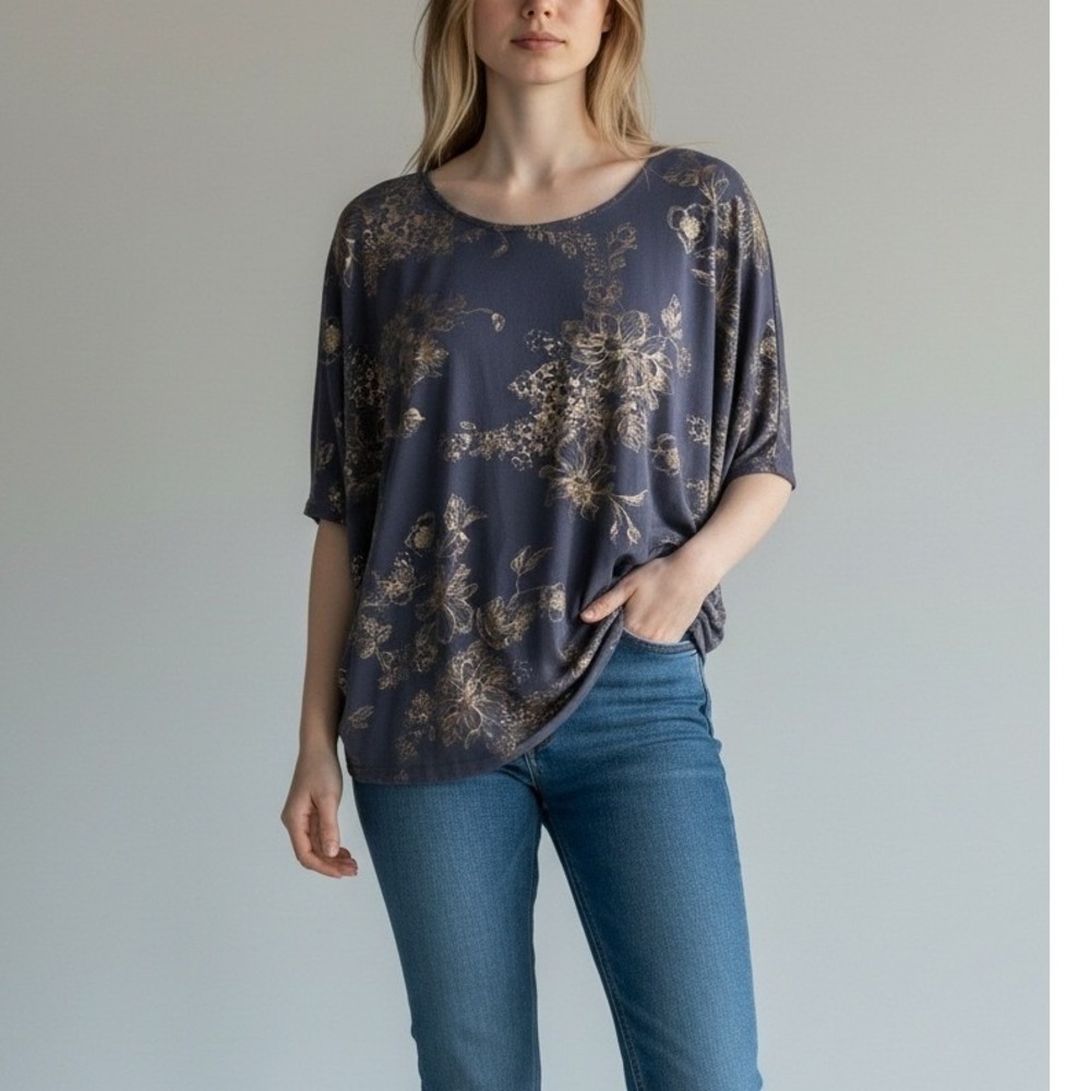 Kim & Cami Womens Medium Boho Metallic Floral Dolman Batwing Shimmer Top A2121